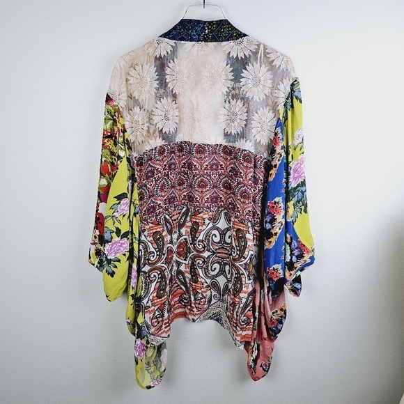 Vincente Boho Mixed Media Print Embroidered Floral Semi Sheer Kimono - Picture 2 of 16